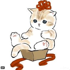 a drawing of a cat sitting in a box with a bow on it's head