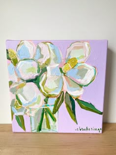 a painting of white flowers on a purple background