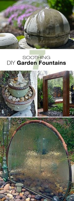 several different pictures of garden fountains with rocks and stones in them, including one that has been placed on the ground