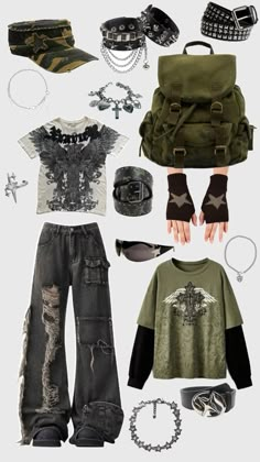 Y2K outfit collage Y2k Outfit Collage, Baggy Outfit Ideas, Grunge Fits, Clothing Design Sketches, Outfit Collage, Emo Outfits, Alternative Outfits, Vibe Clothes