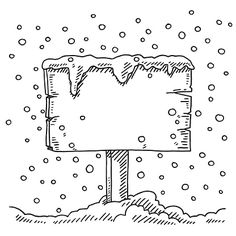 a sign in the snow that has been drawn with black and white ink on it