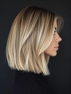 Lob On Straight Hair, Medium Length Graduated Bob, Long Bob No Layers Straight, Angles Long Bob, Fall Blonde Partial Highlight, On Shoulder Haircut, Blonde Lob Hair Straight, Straight Bob With Side Part, Lob Haircut Before And After