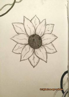 a drawing of a sunflower with leaves on it's petals and a black circle in the center