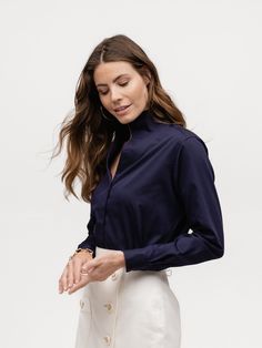 NAVY BLUE PIQUE Our best-selling Signature Shirt in a stunning navy blue pique fabric. Luxury Navy Classic Top, Color Palette Clothes, Sarah Alexander, Mock Trial, Chanel Loafers, Headshot Poses, 30 Under 30, Sophisticated Outfits, Pique Fabric