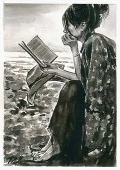 a black and white drawing of a woman sitting on the beach with a book in her hand