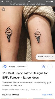 two small tattoos on both arms with ice cream cones in the middle and one has an arrow