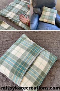 four pictures showing how to make a pillow