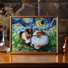 a painting of two dogs in front of a starry night background with flowers and vases