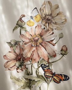 a painting of flowers and butterflies on a white background