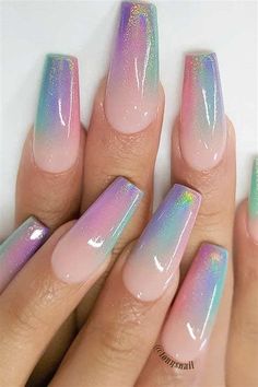 Birthday Makeup Ideas Coffin Ombre, Nails With, Unicorn Nails Designs, Unicorn Nail Art, Ombre Acrylic, Nails Ombre, Colorful Nails