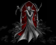 a black and white drawing of a demon with bats in front of a red background