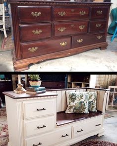 an old dresser has been refurposed into a bench for storage and reupholing