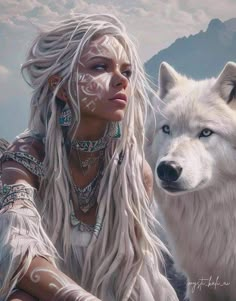 a woman with white hair sitting next to a wolf