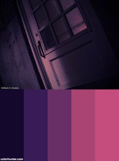 an open door with purple and pink colors in the dark, next to it is a window