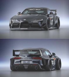 two different views of the front and back of a sports car