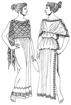 two women in ancient greek dress, one wearing a headdress and the other holding hands