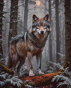 a wolf standing on top of a tree stump in the middle of a snowy forest