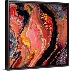 an abstract painting in red, orange and black with water droplets floating on it's surface