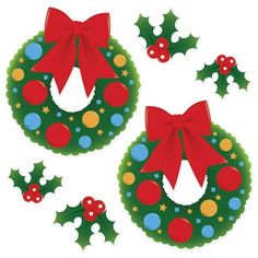 two christmas wreaths with red bows and holly berries on the front, one is green