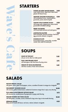 a menu for soups and salads