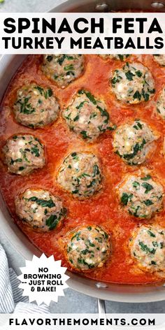 spinach feta and turkey meatballs recipe in a white dish with text overlay