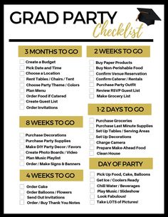 a graduation party checklist is shown in gold and black with the words grad party checklist on it