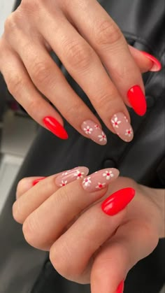 Red Nail Arts Ideas, May Nails Ideas Almond, Red Spring Nail Designs, Short Almond Nails With Flowers, Red Flowers Nails Design, Red Biab Nail Art, Strawberry Color Nails, Bright Pink Nails With Flowers, Bright Red Acrylic Nails Designs