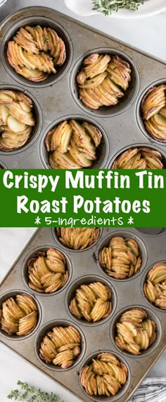 crispy muffin tin roast potatoes in a baking pan with text overlay that reads crispy muffin tin roast potatoes