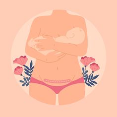 an illustration of a woman breasting her baby in a pink panties with flowers around it