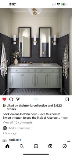 the bathroom is decorated in shades of gray and white, with gold trimmings