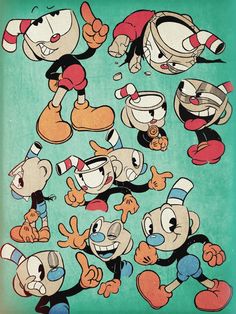 an image of mickey mouse cartoon characters in various poses and expressions on a blue background