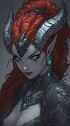 a woman with red hair and horns on her head