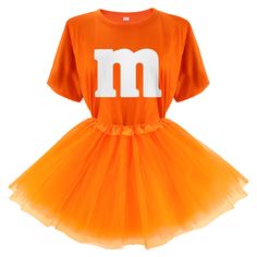 an orange dress with the letter m on it and white letters across the chestline