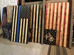 several wooden boards with american flags on them