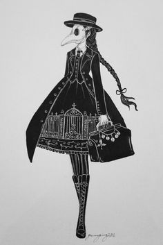 a black and white drawing of a woman with a birdcage in her hand