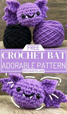 two crocheted bats with the text free crochet bat, adorable pattern