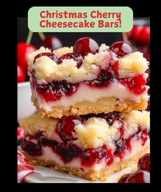 christmas cherry cheesecake bars stacked on top of each other