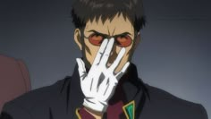 an anime character holding his hand up to his face with both hands and wearing white gloves