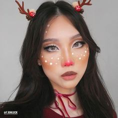 Reindeer Makeup Look, Rudolph Makeup Simple, Reindeer Eye Makeup, Cute Reindeer Makeup, Rudolph The Red Nosed Reindeer Makeup, Reindeer Outfit Women, Christmas Reindeer Makeup