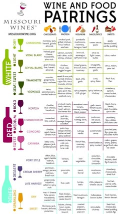 the wine and food pairings chart is shown in purple, green, yellow, and red