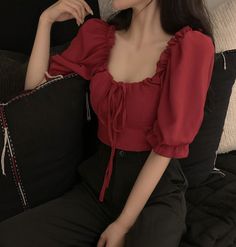 Red Top Outfit, Puffy Sleeves Blouse, Korean Fashion Dress, Puff Sleeve Blouse, Blouse Outfit, Kpop Fashion Outfits, Korean Outfits, Classy Outfits