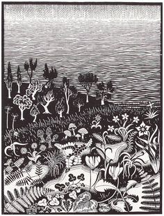 a black and white drawing of an ocean scene with trees, plants, and animals