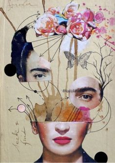 a collage of portraits with flowers and butterflies on them, including one woman's face