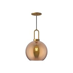 a light that is hanging from a ceiling fixture with a glass ball on the bottom