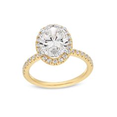 a yellow gold engagement ring with an oval cut diamond surrounded by round brilliant pave diamonds