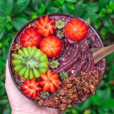 a person holding a bowl filled with fruit and granola on top of green leaves