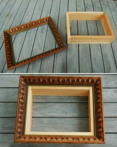 two different frames sitting on top of a wooden floor, one is empty and the other has