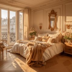 a large bed sitting in a bedroom next to a window filled with lots of windows