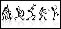 an image of people playing musical instruments in the style of doodles on a white background