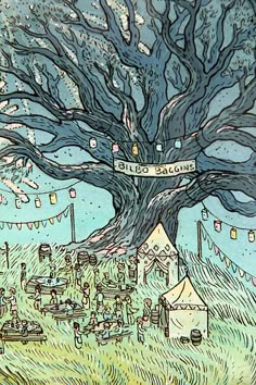 a drawing of a tree with a sign on it's trunk in front of a tent